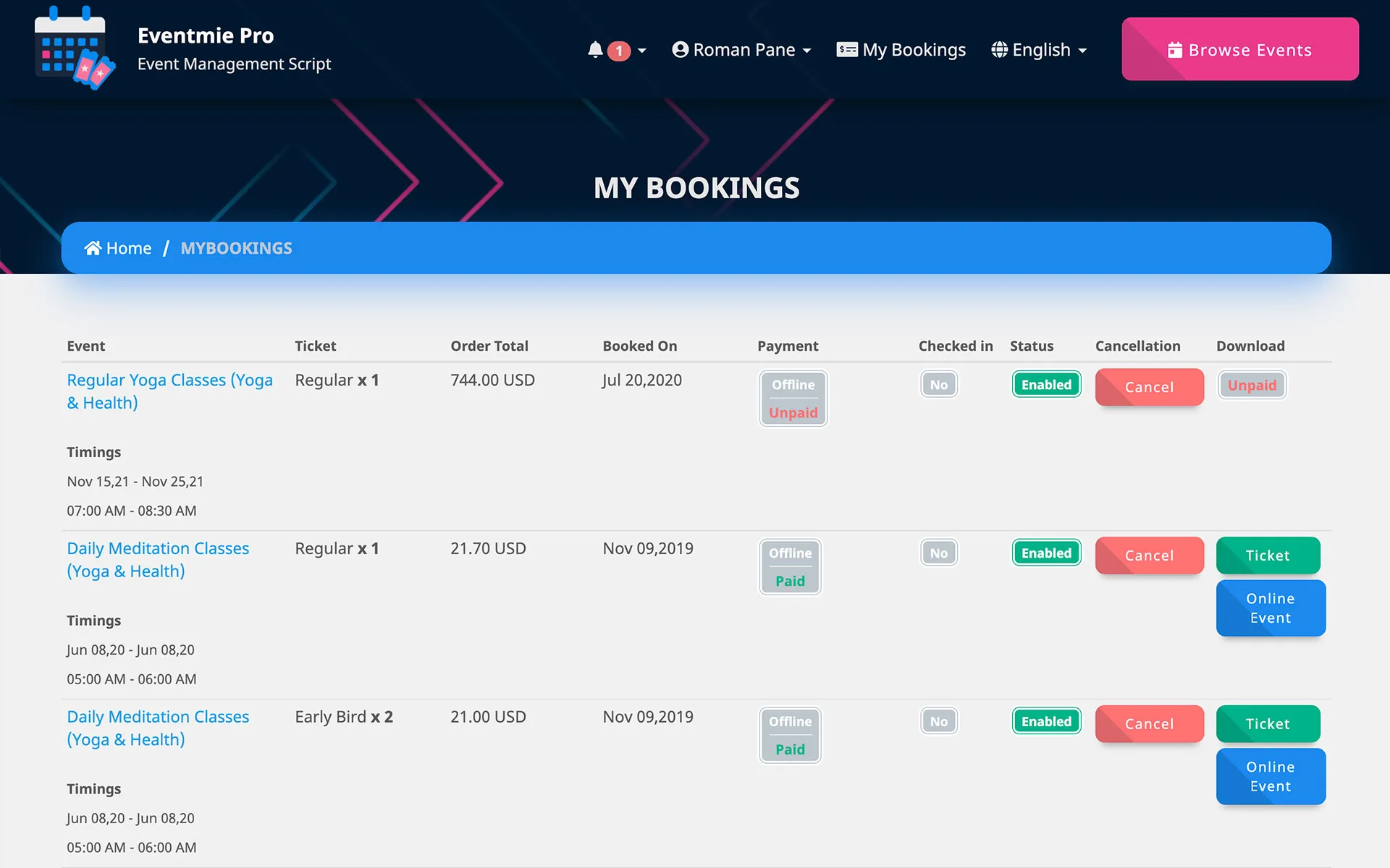 Customer bookings page