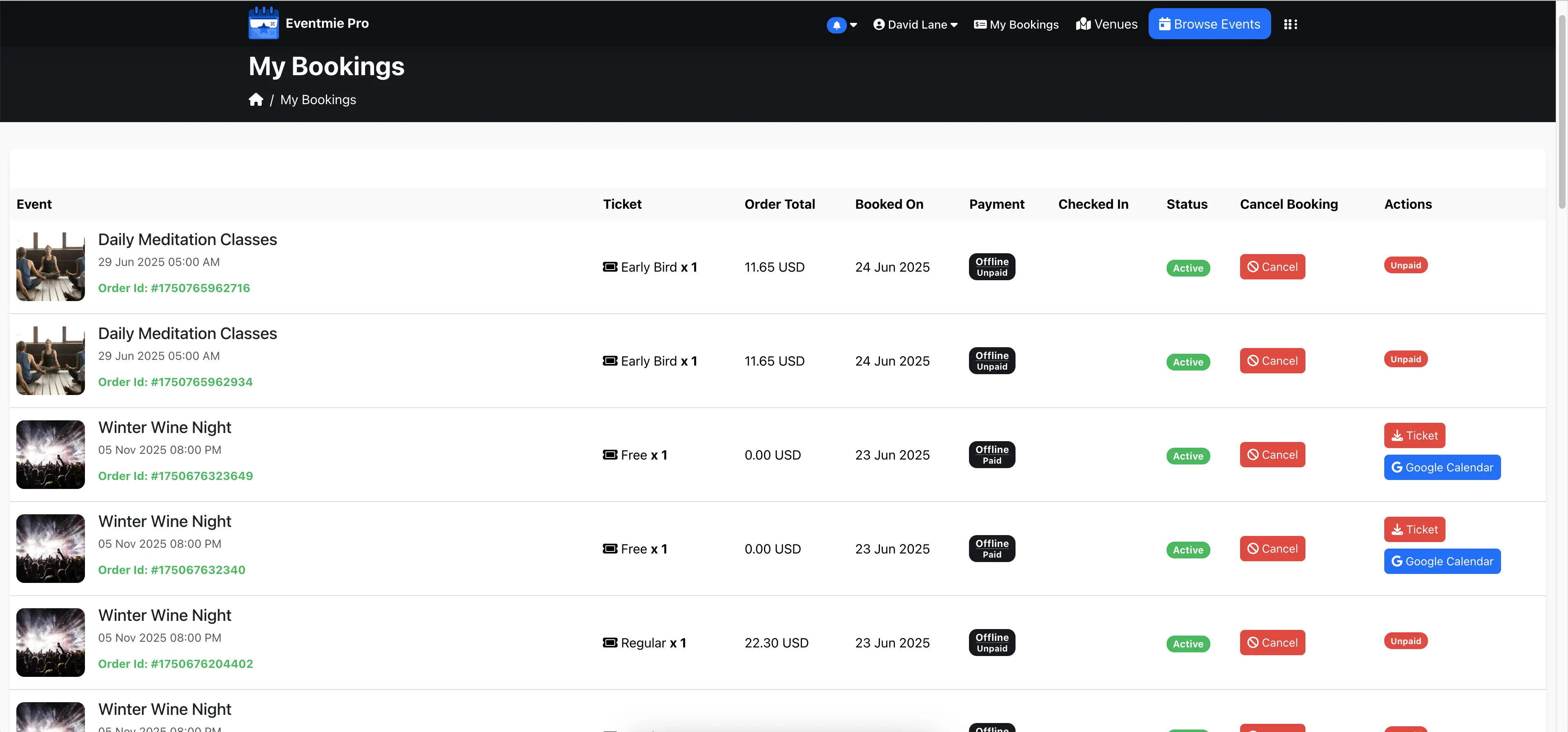 Customer bookings page