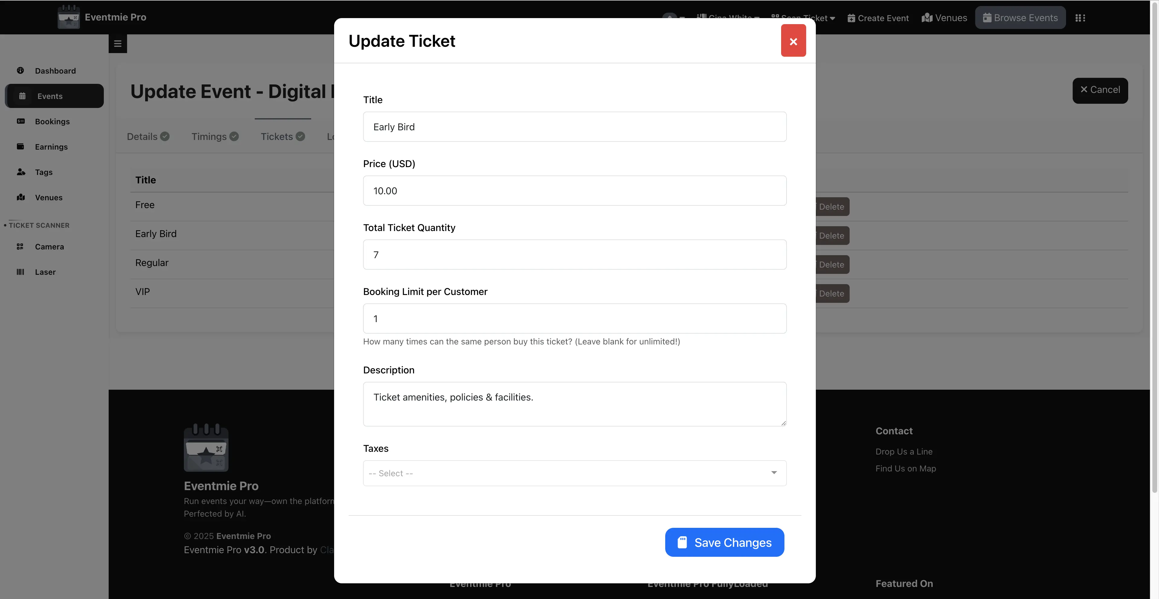 Events free & paid tickets with taxes