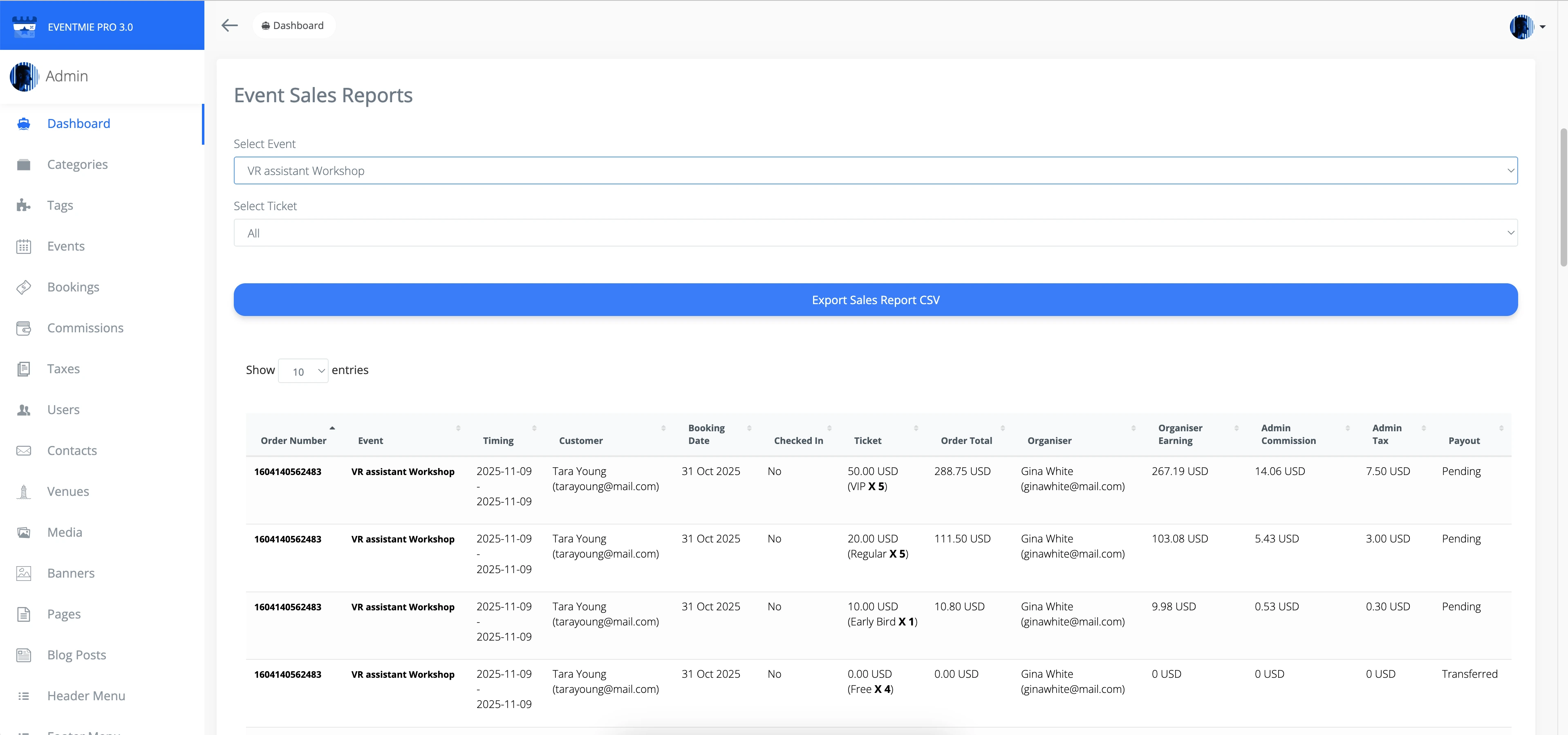 EVENT SALES REPORT Table with Event & Tickets Filter EVENT SALES REPORT Table with Event Filter