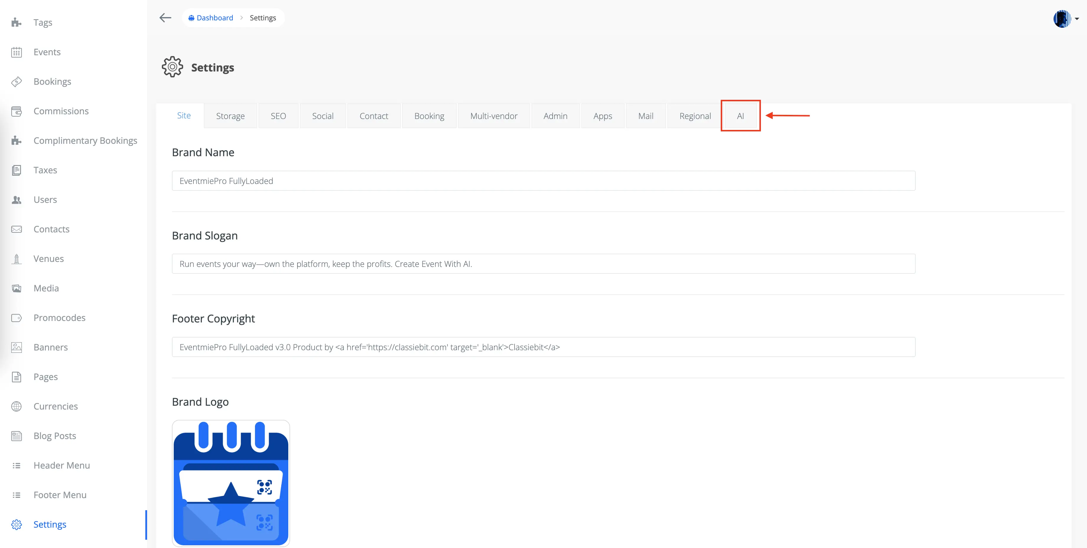Eventmie Admin – Settings → AI