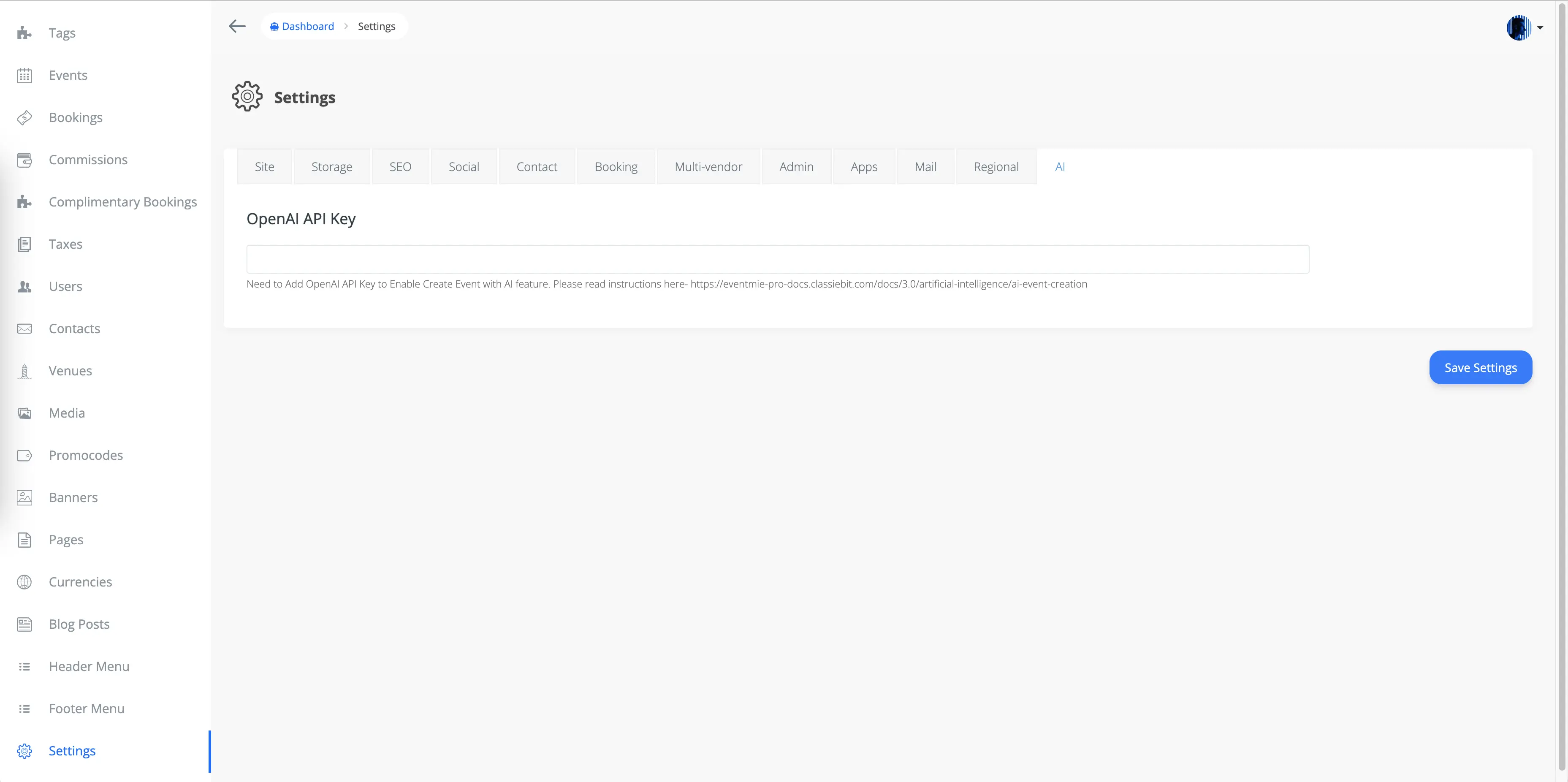 Eventmie Admin – Paste OpenAI API Key