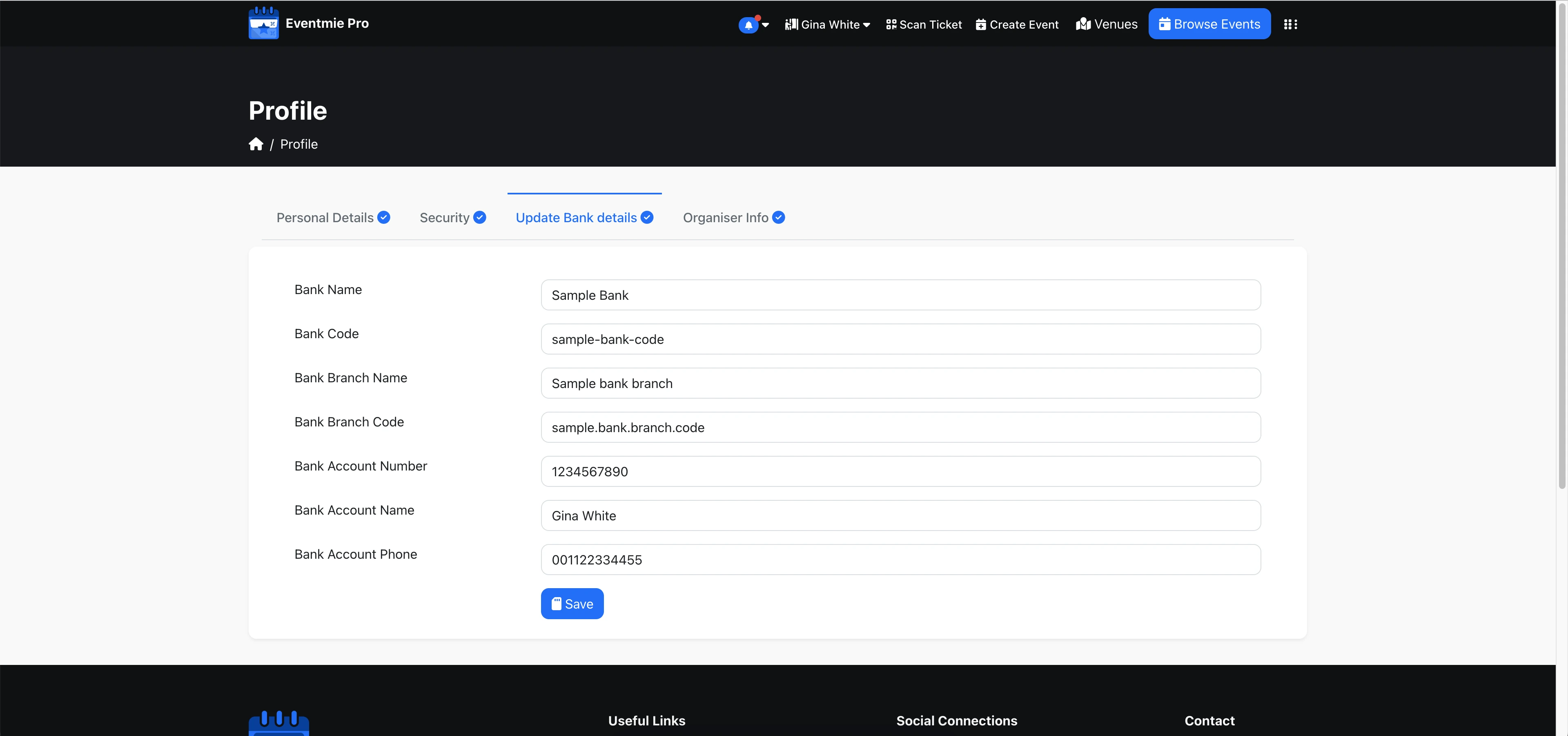 Organizer bank details